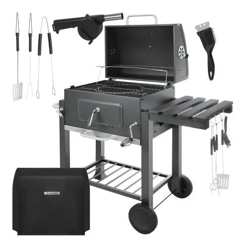 Kulgrill med Låg & Termometer – Stor Havegrill med Støbejernsrist, Askeskuffe & Tilbehør