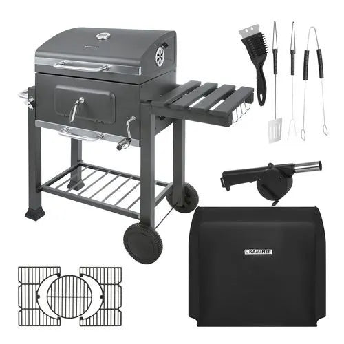 Kulgrill med Låg & Termometer – Stor Havegrill med Støbejernsrist, Askeskuffe & Tilbehør