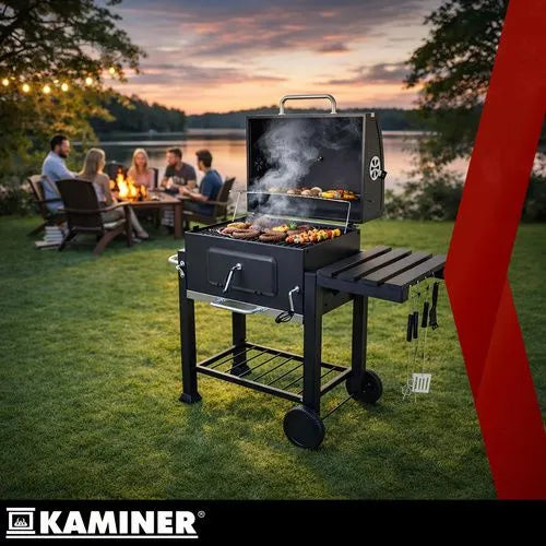 Kulgrill med Låg & Termometer – Stor Havegrill med Støbejernsrist, Askeskuffe & Tilbehør