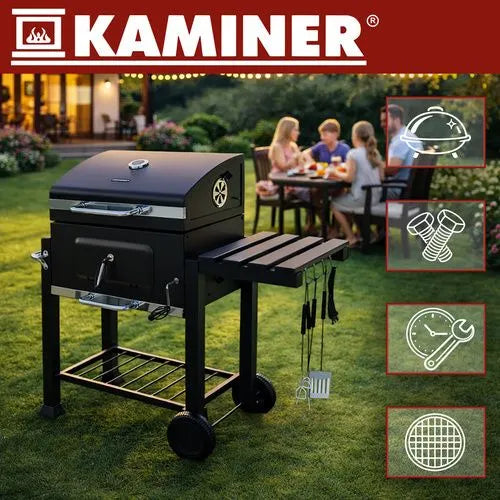 Kulgrill med Låg & Termometer – Stor Havegrill med Støbejernsrist, Askeskuffe & Tilbehør