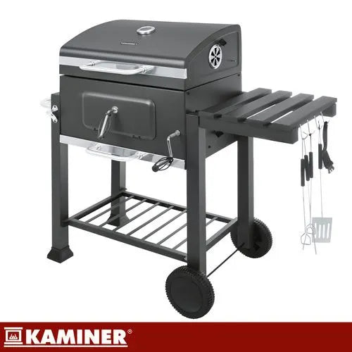 Kulgrill med Låg & Termometer – Stor Havegrill med Støbejernsrist, Askeskuffe & Tilbehør