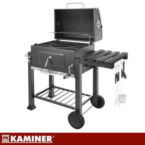 Kulgrill med Låg & Termometer – Stor Havegrill med Støbejernsrist, Askeskuffe & Tilbehør