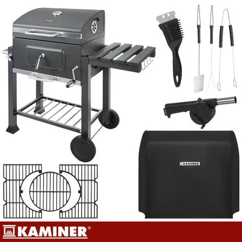 Kulgrill med Låg & Termometer – Stor Havegrill med Støbejernsrist, Askeskuffe & Tilbehør