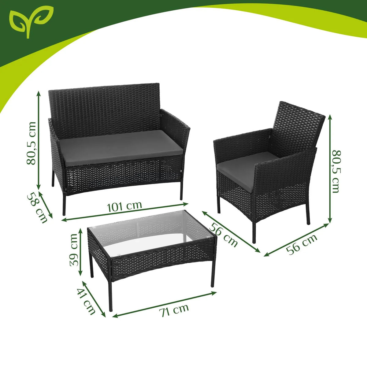 Havemøbelsæt – Sofa, 2 Stole, Bord med Glas & Hynder