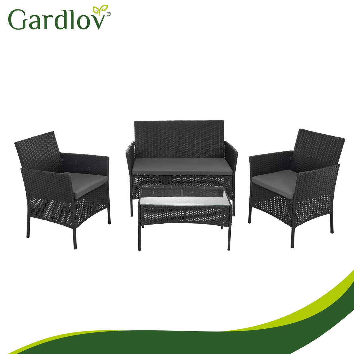 Havemøbelsæt – Sofa, 2 Stole, Bord med Glas & Hynder
