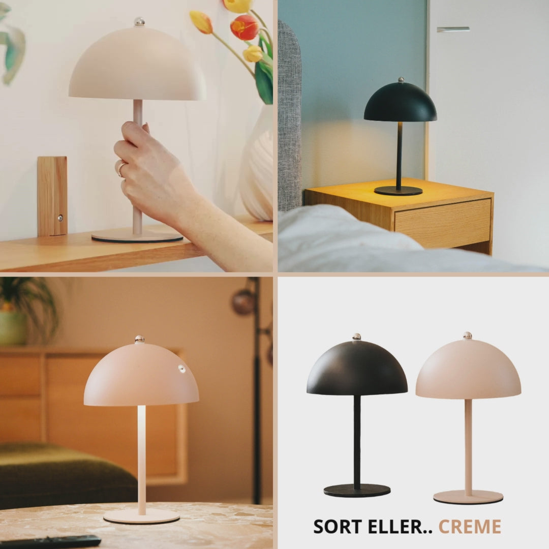 Indlæs video: Touch Bordlampe – Trådløs LED Bordlampe med Dæmper i Sort eller Creme