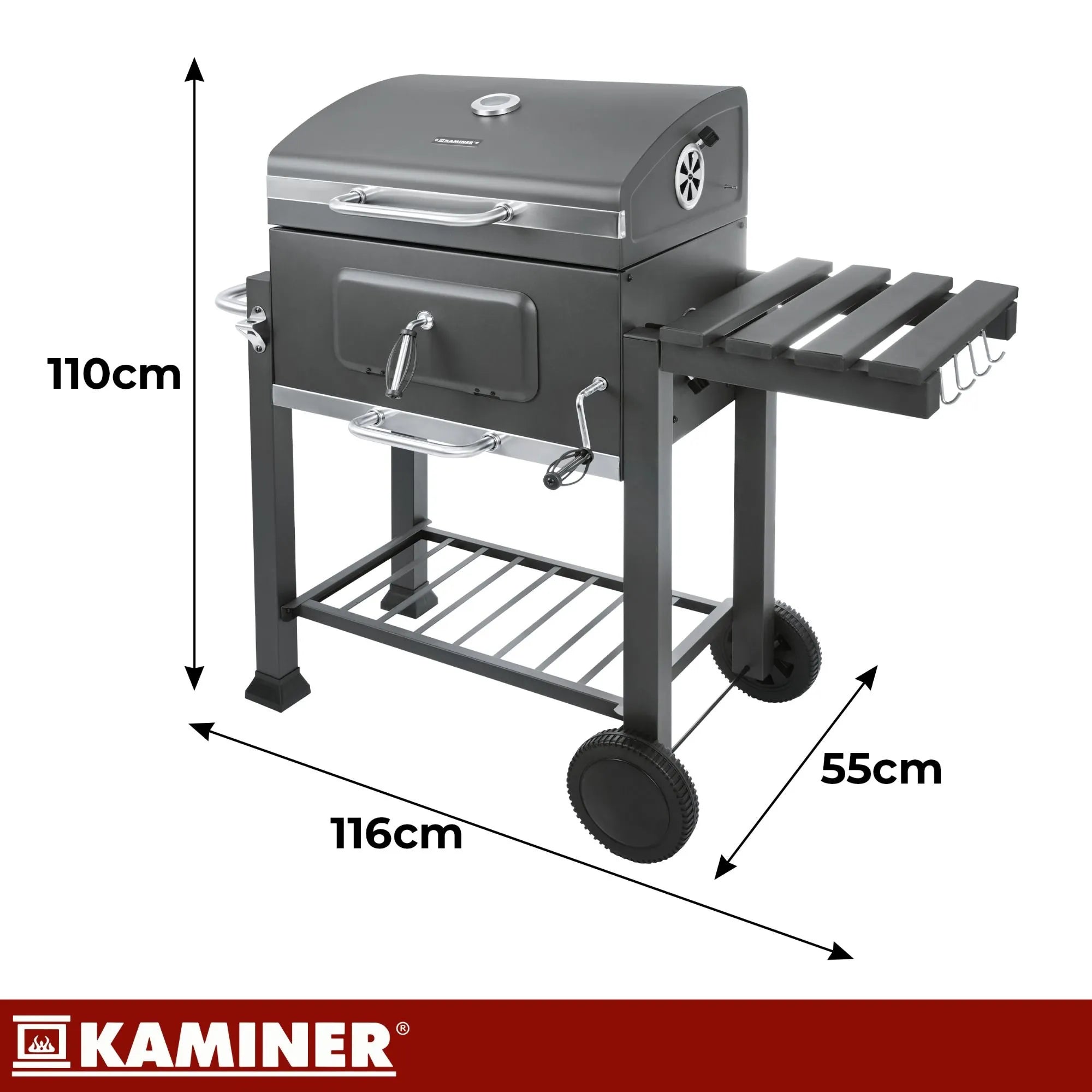 Kulgrill med Låg & Termometer – Stor Havegrill med Støbejernsrist, Askeskuffe & Tilbehør